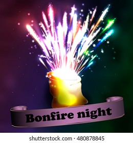 Beautiful Vector Fireworks, on a black background. Postcard with the day of bonfire
