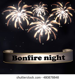 Beautiful Vector Fireworks, on a black background. Postcard with the day of bonfire
