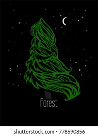 Beautiful vector fir-tree in the night forest. Complex original illustration. 