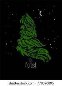 Beautiful vector fir-tree in the night forest. Complex original illustration.