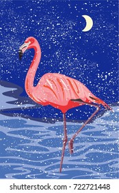 beautiful vector flamingo poster, with water, snow and moon.night landscape. for textile and other prints.