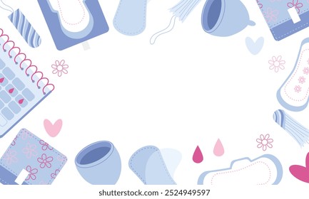 Quadro plano de fundo vetor bonito com mulheres menstruação produtos sanitários. Ilustração de cor plana vetor desenhada à mão. Almofada descartável, tampão, copo menstrual, gotas, corações, calendário