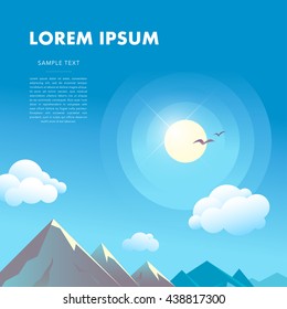 Beautiful vector flat cartoon mountain landscape summer illustration. Shining sun in blue sky, white clouds. Flying birds, sun rays. Text place. Print design, poster, placard, card, summer advertising