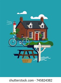 Beautiful vector flat concept design on UK countryside vacation and weekend recreation with lighthouse, Georgian cottage, bicycle, picnic table, direction signpost. Outdoors walks and rides