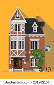 Beautiful vector flat design detailed lodging and overnight accommodation graphic element with cozy bed and breakfast house in classic design