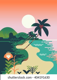 Beautiful vector flat design illustration on tropical sand beach landscape with palms, mountains and sun. Summer travel destination abstract background