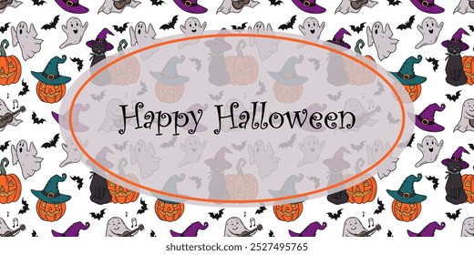 Beautiful vector flat happy Halloween background with black cat, carved Jack o lantern pumpkin, flying ghosts and bat on white background with a frame for text. Greeting card design