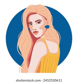 Hermosa ilustración plana de Vector rubia, mujer de la muchacha de piel blanca sobre un fondo azul brillante, icono de avatar para redes sociales