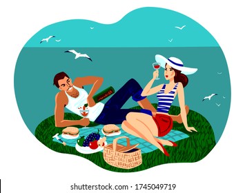 Beautiful vector flat illustration of loving couple enjoying summer vacation and outdoor lunch on the seaside. Food and wine. Good weather.