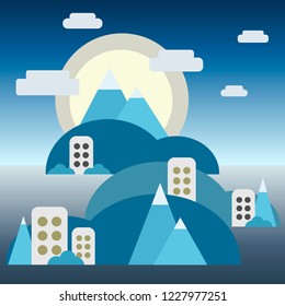 Beautiful vector flat winter illustration with landscape and houses. Moon and trees.