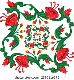  Beautiful vector floral design with red flowers and green leaves in a decorative pattern. Perfect for fabric prints, wallpapers, digital art, and graphic design projects. Rickshaw art illustration.