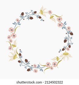 Beautiful vector floral frame. Cute wreath shaped blackberry flowers and berries perfect for banners, wedding invitations, greeting cards, decor in pastel colors on white background