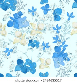 Hermoso Vector floral suave azul hidrangea flores patrón. Estilo sencillo