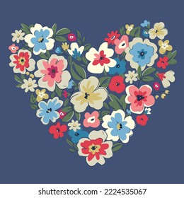 Beautiful vector floral heart with cute abstract flowers. Stock illustration.