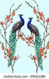 Hermoso fondo vectorial de ilustración floral con pavo real, flores de primavera exóticas. Estilo Boho, objeto aislado.
