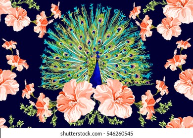 Beautiful vector floral illustration background with peacock, exotic spring flowers. Boho style, isolated object.  Perfect for wallpapers, web page backgrounds, surface textures, textile.