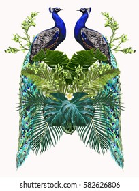 Beautiful vector floral illustration background with peacock,tropical leaves, flowers. Chinese style, isolated object.