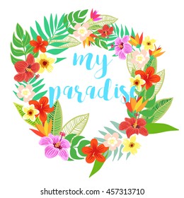 Beautiful vector floral jungle frame wreath. Colorful tropical flowers, palm leaves and plants, hibiscus, paradise flower, exotic print