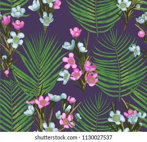 Beautiful vector floral magenta pattern with pink and blue wax flowers and leaves of the areca. Suitable for wallpaper, fabrics, textiles, background