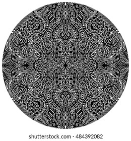 Beautiful vector floral ornament. Monochrome round mandala. Decor for your design, ornament  in oriental style. Circle background with many details.Black and white abstract pattern.