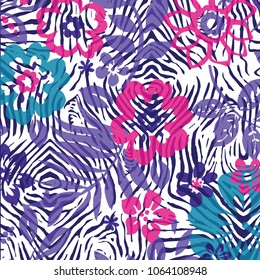 Beautiful vector floral pattern, spring summer background with tropical flowers, palm leaves, jungle leaf, hibiscus, paradise flower. Exotic wallpaper, Hawaiian and Liberty style.