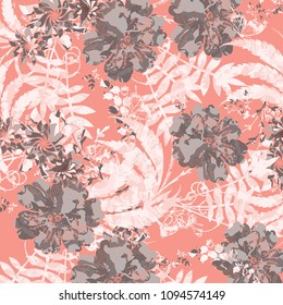 Beautiful vector floral pattern, spring summer background with tropical flowers, palm leaves, jungle leaf, hibiscus, paradise flower. Exotic wallpaper, Hawaiian and Liberty style.