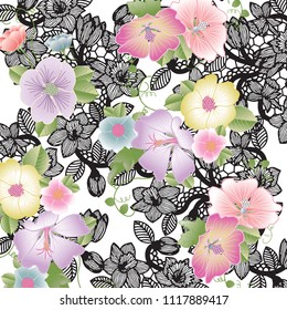 Beautiful vector floral pattern, spring summer background with tropical flowers, palm leaves, jungle leaf, hibiscus, paradise flower. Exotic wallpaper, Hawaiian and Liberty style.