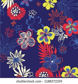 Beautiful vector floral pattern, spring summer background with tropical flowers, palm leaves, jungle leaf, hibiscus, paradise flower. Exotic wallpaper, Hawaiian and Liberty style.