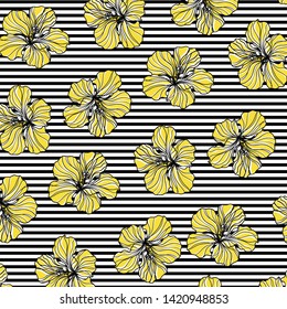 Beautiful vector floral pattern, spring summer background with tropical flowers, palm leaves, jungle leaf, hibiscus, paradise flower. Exotic wallpaper, Hawaiian and Liberty style.