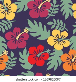 Beautiful vector floral pattern, spring summer background with tropical flowers, palm leaves, jungle leaf, hibiscus, bird of paradise flower. Exotic wallpaper, Hawaiian and Liberty style.
