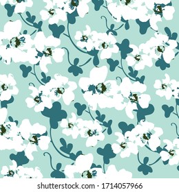 Beautiful vector floral pattern, spring summer background with tropical flowers, palm leaves, jungle leaf, hibiscus, paradise flower. Exotic wallpaper, Hawaiian and Liberty style