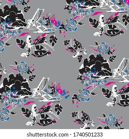 Hermoso patrón vectorial floral, fondo primavera verano con flores tropicales, hojas de palma, hoja de jungla, hibisco, ave de la flor del paraíso. Papel de pared exótico, estilo hawaiano y libertino.