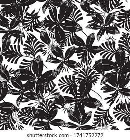 Beautiful vector floral pattern, spring summer background with tropical flowers, palm leaves, jungle leaf, hibiscus, paradise flower. Exotic wallpaper, Hawaiian and Liberty style.