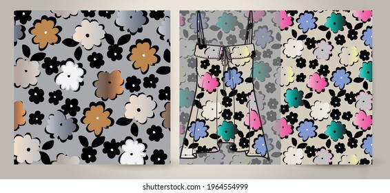 Beautiful vector floral pattern, spring summer background with tropical flowers.Liberty style. Floral seamless background for fashion prints. Ditsy print  on women's top mockup.