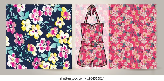 Beautiful vector floral pattern, spring summer background with tropical flowers.Liberty style. Floral seamless background for fashion prints. Ditsy print on women's jumpsuit mockup