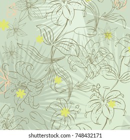 Beautiful vector floral pattern, spring summer background with tropical flowers, palm leaves, jungle leaf, hibiscus, bird of paradise flower. Exotic wallpaper, Hawaiian style
