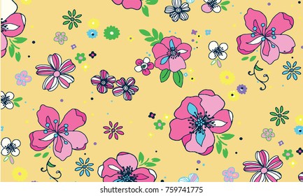 Beautiful vector floral pattern, spring summer background with tropical flowers, palm leaves, jungle leaf, hibiscus, bird of paradise flower. Exotic wallpaper, Hawaiian and Liberty style.
