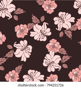 Beautiful vector floral pattern, spring summer background with tropical flowers, palm leaves, jungle leaf, hibiscus, paradise flower. Exotic wallpaper, Hawaiian and Liberty style.