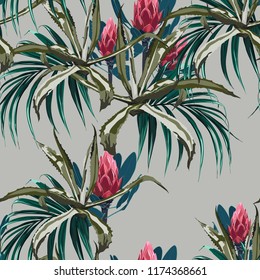 Beautiful vector floral seamless pattern background with agave and protea flowers. Perfect for wallpapers, web page backgrounds, surface textures, textile.