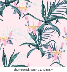 Beautiful vector floral seamless pattern background with agave, palm leaves and exotic flowers. Perfect for wallpapers, web page backgrounds, surface textures, textile. pink backdrop.
