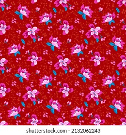 Beautiful vector floral seamless pattern design, pretty tiny shabby chic style flowers and leaves on a vibrant red color background