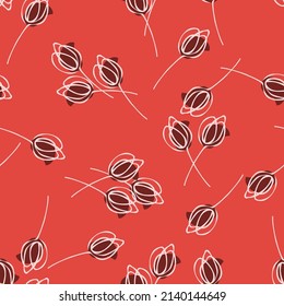 Beautiful vector floral seamless pattern. Abstract background with scattered white silhouettes of tulips on a red background. Elegant design for decor, tile, postcard, cover, banner, textile, print