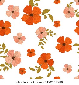 Beautiful vector floral seamless pattern with pink and red abstract flowers. Stock illustration.