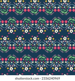 Hermoso Vector Floral De Patrón Sin Marea, Flores Vintage Y Hojas En Fondo Azul Para Textil, Tela, Papel De Fondo, Envoltura