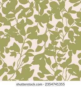 Beautiful vector floral seamless pattern with hand drawn shadow plant branches with leaves silhouette. Stock illustration.