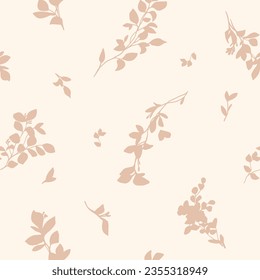 Beautiful vector floral seamless pattern with hand drawn shadow plant branches with leaves silhouette. Stock illustration.