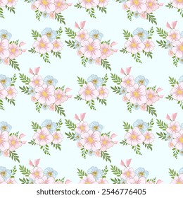 Beautiful vector floral seamless pattern on pastel green. Design for wallpaper, fabric, background, clothing, wrapping, illustration and print.