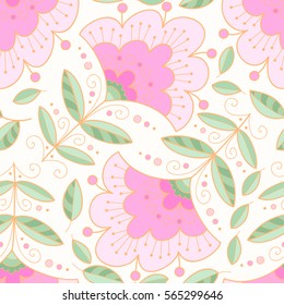 Beautiful vector floral seamless pattern with flowers and leaves. Abstract colorful flower outline print.
