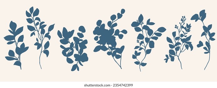 Hermoso conjunto vectorial floral con ramas de plantas de sombra dibujadas a mano con silueta de hojas. Ilustración bursátil.