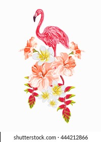 Beautiful vector floral summer background illustration with a pink flamingo, tropical flowers, plumeria, hibiscus, stripes. Perfect for wallpapers, web page backgrounds, surface textures, textile.